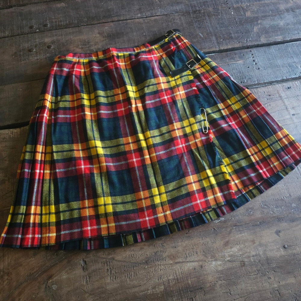Vintage Plaid Kilt Skirt Red Yellow Green Tartan Pleated Wrap Buckle Mini Skirt